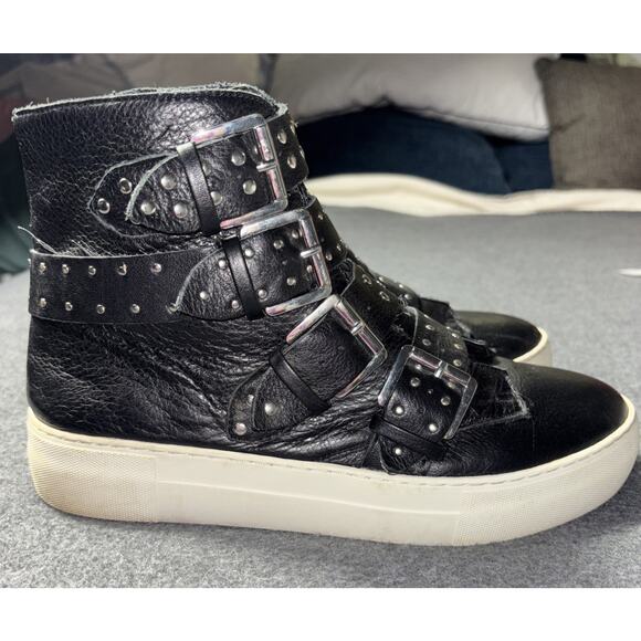 J/SLIDES Sneaker Shoe Womens size 8 Aghast Leather High Top Buckle Grunge - Picture 2 of 10